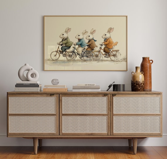 Whimsical Rabbit Friends Bicycle Ride Vintage Watercolor Art Poster