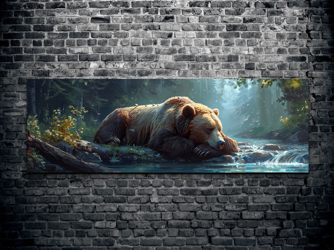 Panoramic Sleeping Bear by Forest Stream Misty Wildlife Poster - Image 2