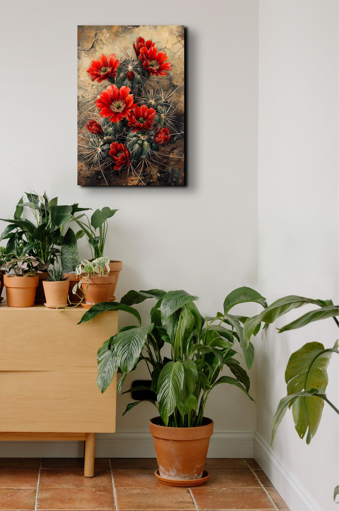 Red Blooming Cactus Flowers Textured Earthy Southwestern Art Poster - Image 4