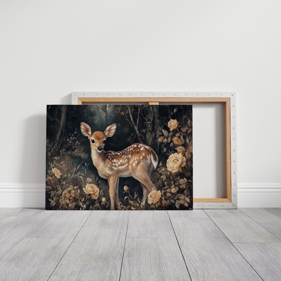 Spotted Fawn In Dark Forest With Golden Roses Artwork Poster - Image 4