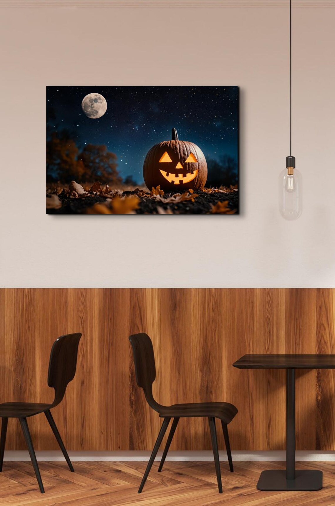 Jack O Lantern Glowing in Autumn Leaves Under a Starry Full Moon Sky Poster - Image 5