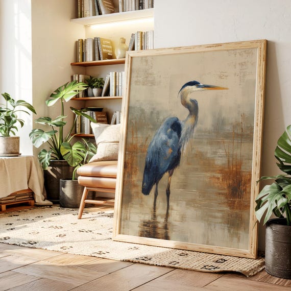 Blue Heron Canvas Wall Art Abstract Nature Bird Painting Coastal Wetlands Wildlife Artwork Modern Rustic Home Dcor Print