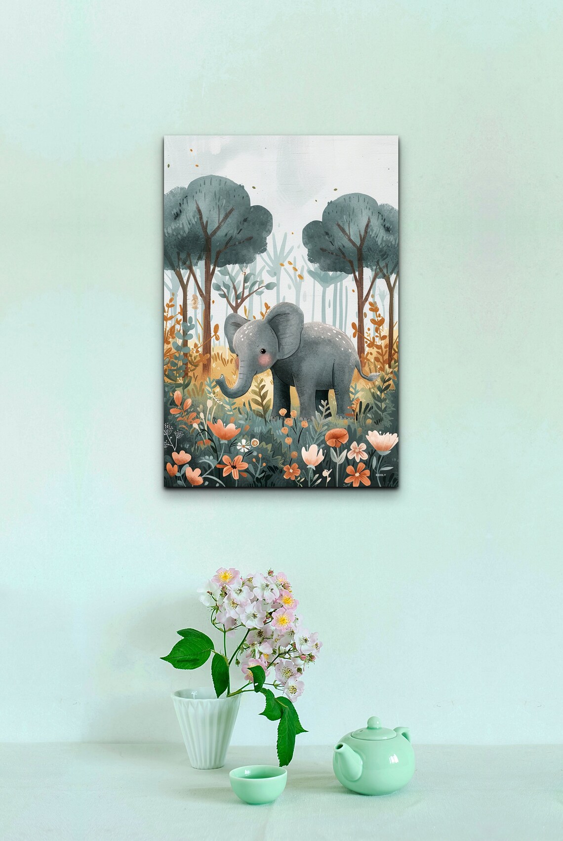 Cute Baby Elephant Watercolor Forest Nursery Kids Room Wall Art - Image 4