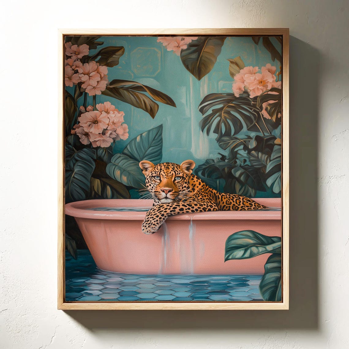 Leopard In Pink Tub Tropical Jungle Floral Bathroom Decor Poster - Image 6