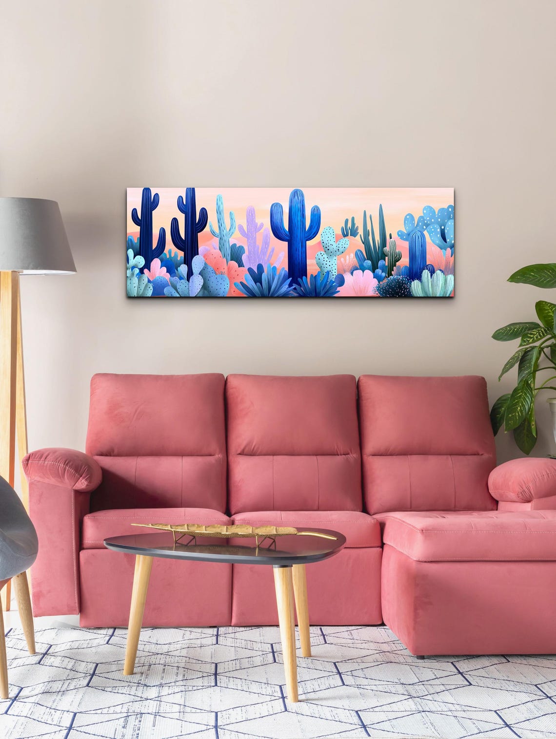 Colorful Blue Cactus Desert Illustration Sunset Sky Art Poster - Image 6