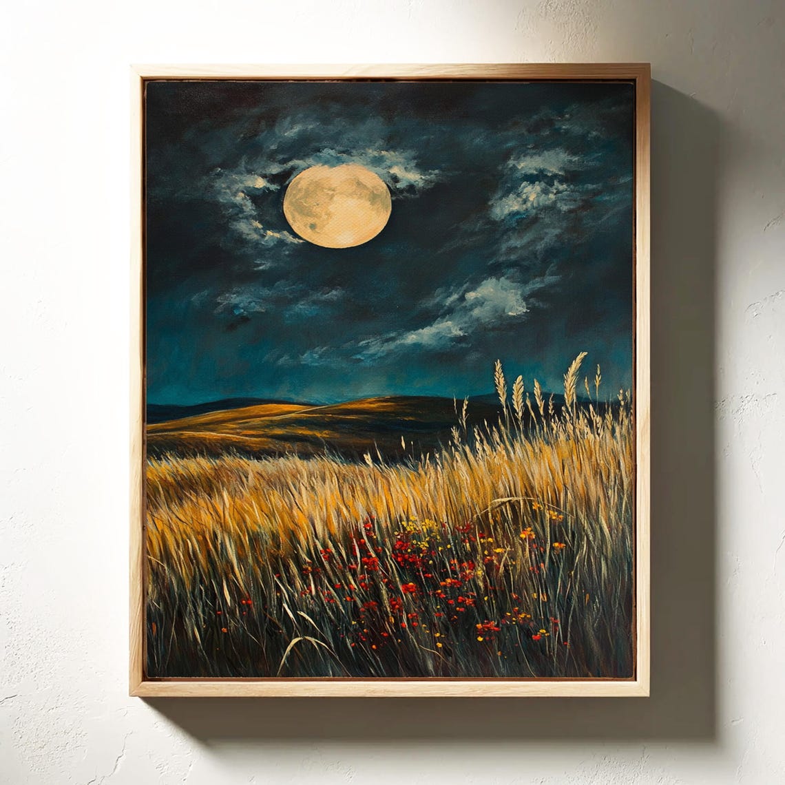 Golden Wheatfield Wildflowers Full Moon Cloudy Night Sky Poster - Image 6