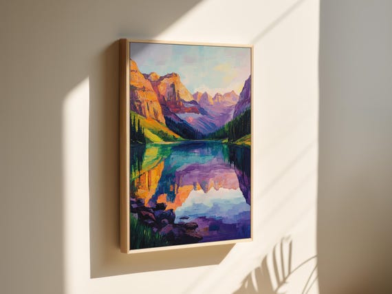 Vibrant Mountain Lake Abstract Nature Landscape Art Bold Colorful Wall Decor For Home Or Office