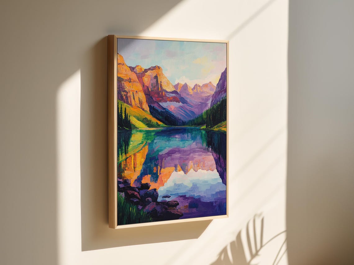 Vibrant Mountain Lake Abstract Nature Landscape Art Bold Colorful Wall Decor For Home Or Office