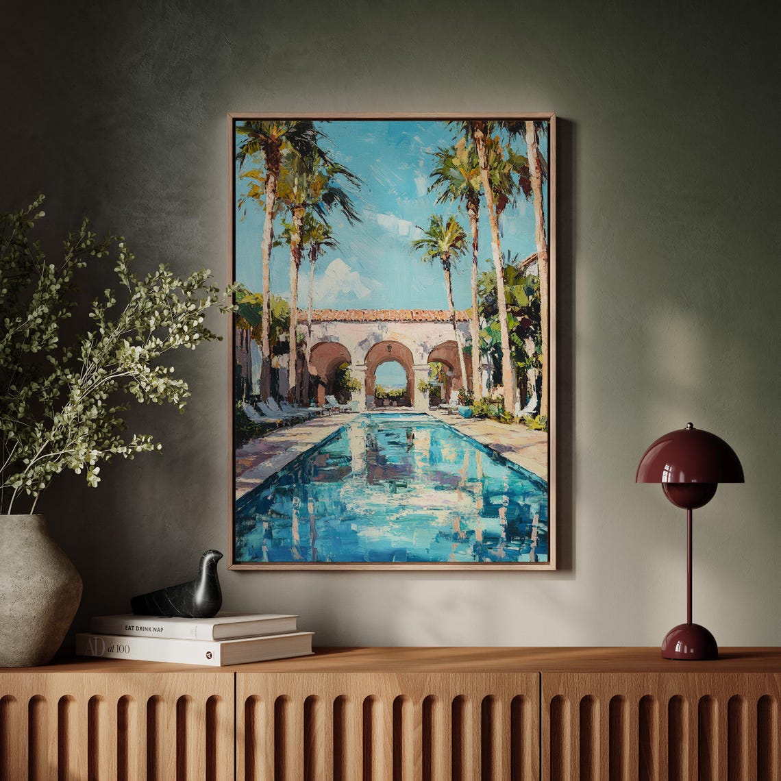 Elegant Mediterranean Pool Serene Villa Retreat With Palm Trees Archways And Bright Blue Sky For Luxe Tropical Wall Art - Image 7