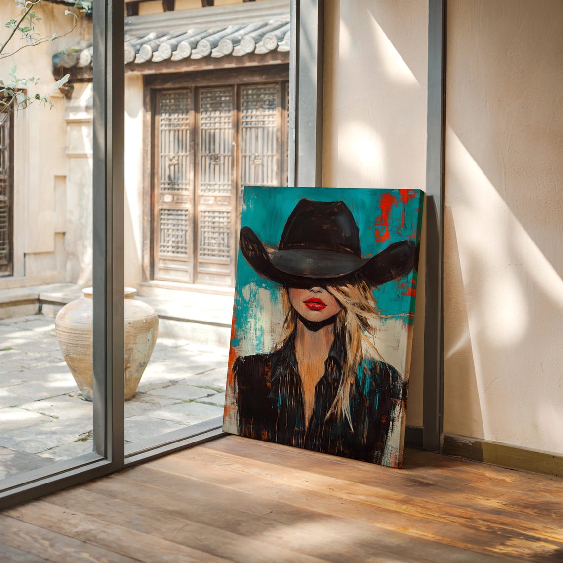 Mysterious Cowgirl in Black Hat Bold Red Lips Modern Western Poster - Image 4