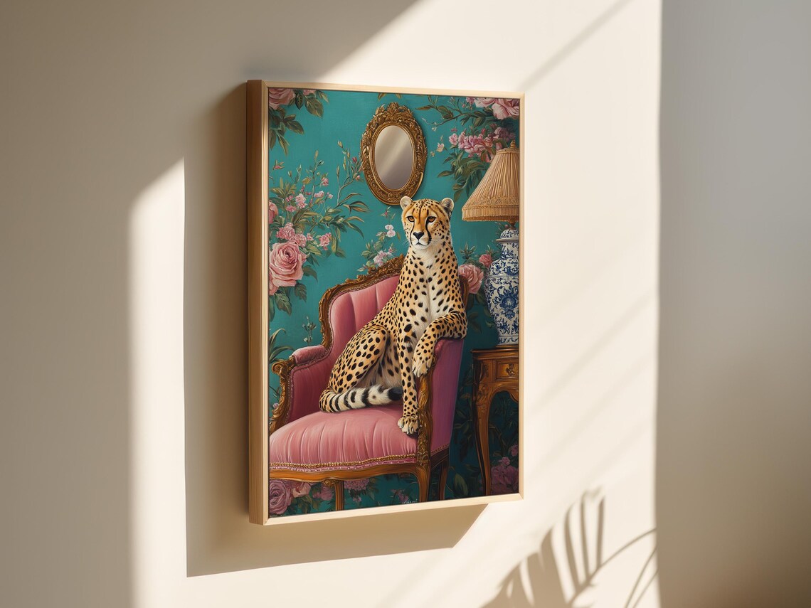 Regal Cheetah On Pink Velvet Armchair Vintage Parlour Poster - Image 3