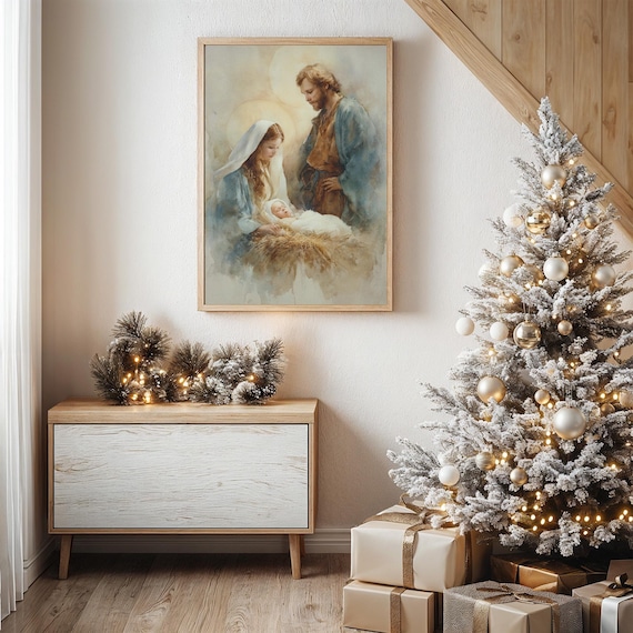 Holy Family Nativity in Watercolor Style Religious Painting Poster