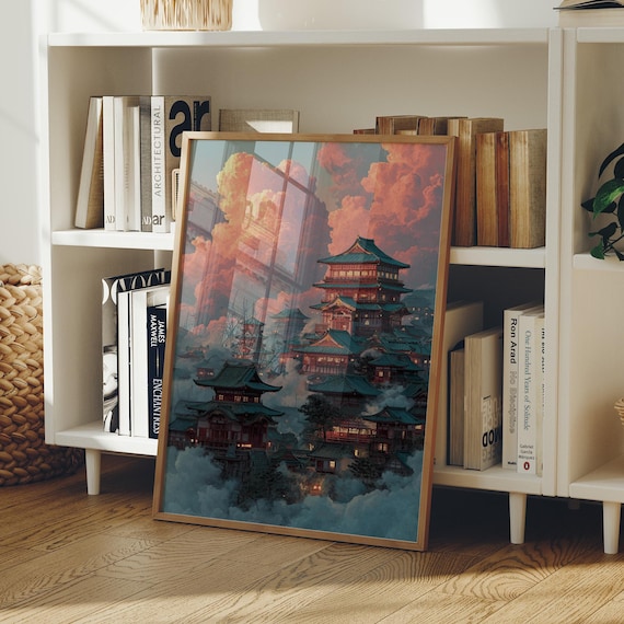 Japanese Castle City In The Clouds Sunset Anime Style Poster