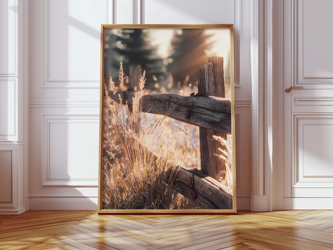 Rustic Wooden Fence - Sunlit Meadow Art Print