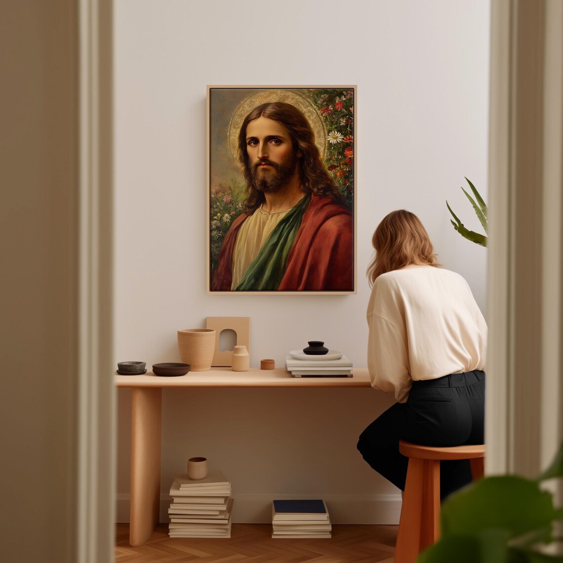 Jesus Christ Portrait With Golden Halo Wildflowers Faith Poster - Image 5