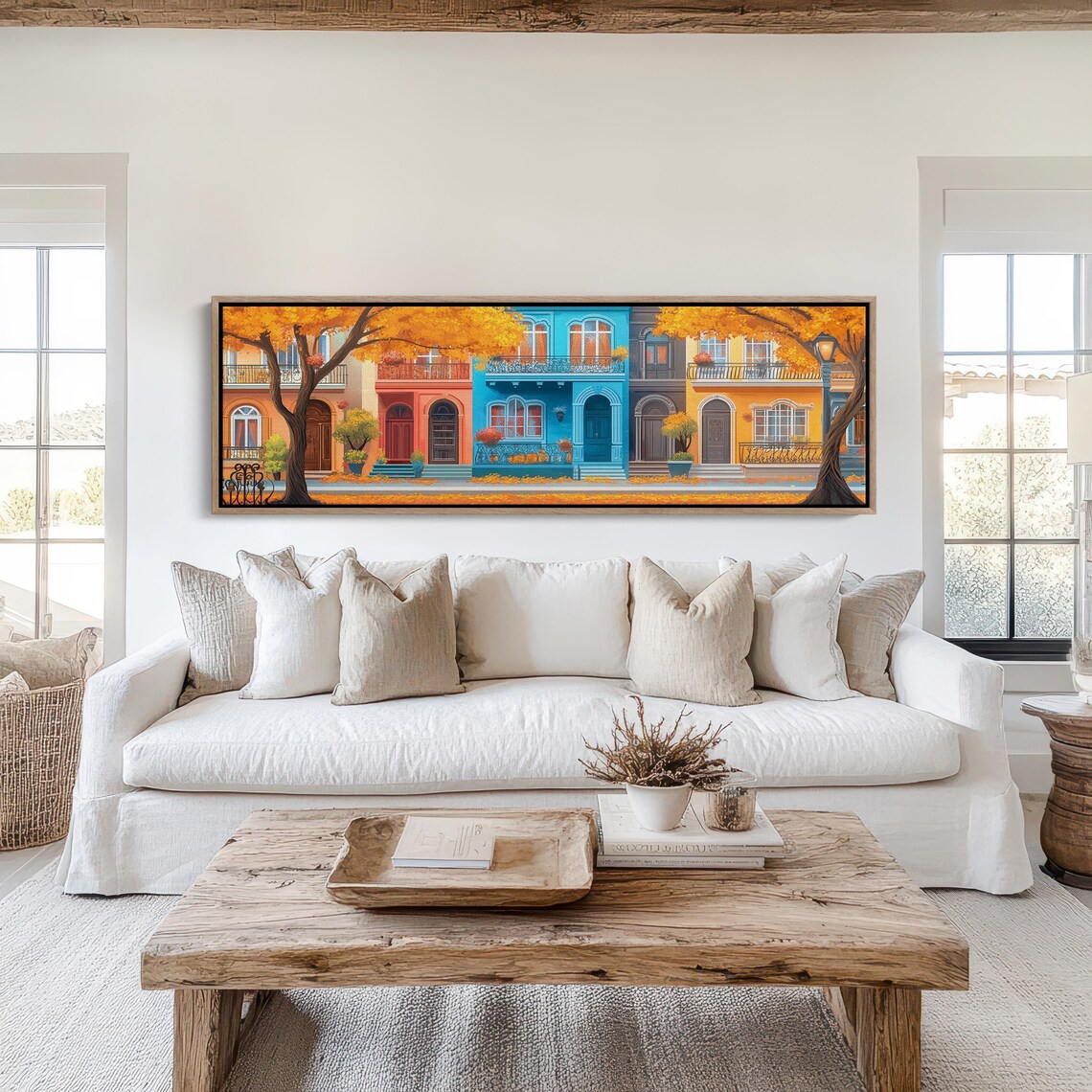 Charming Row Houses Fall Street Scene Vibrant Town Poster Decor - Image 6