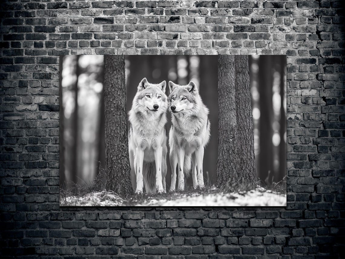 Two Gray Wolves Between Pine Trees Black and White Photo Poster - Image 2