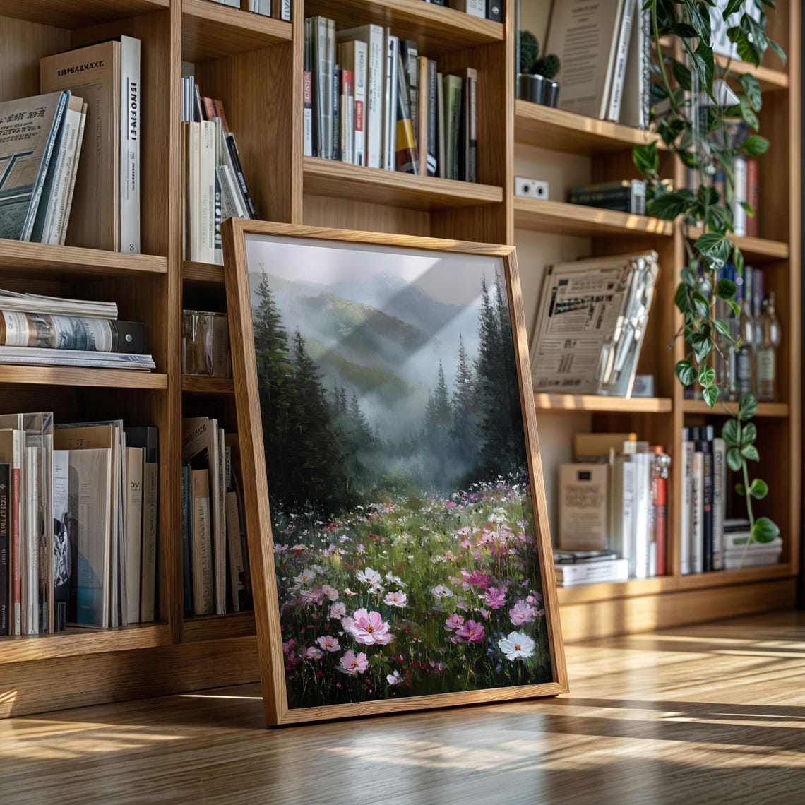 Misty Mountain Meadow With Wildflower Blooms Landscape Poster