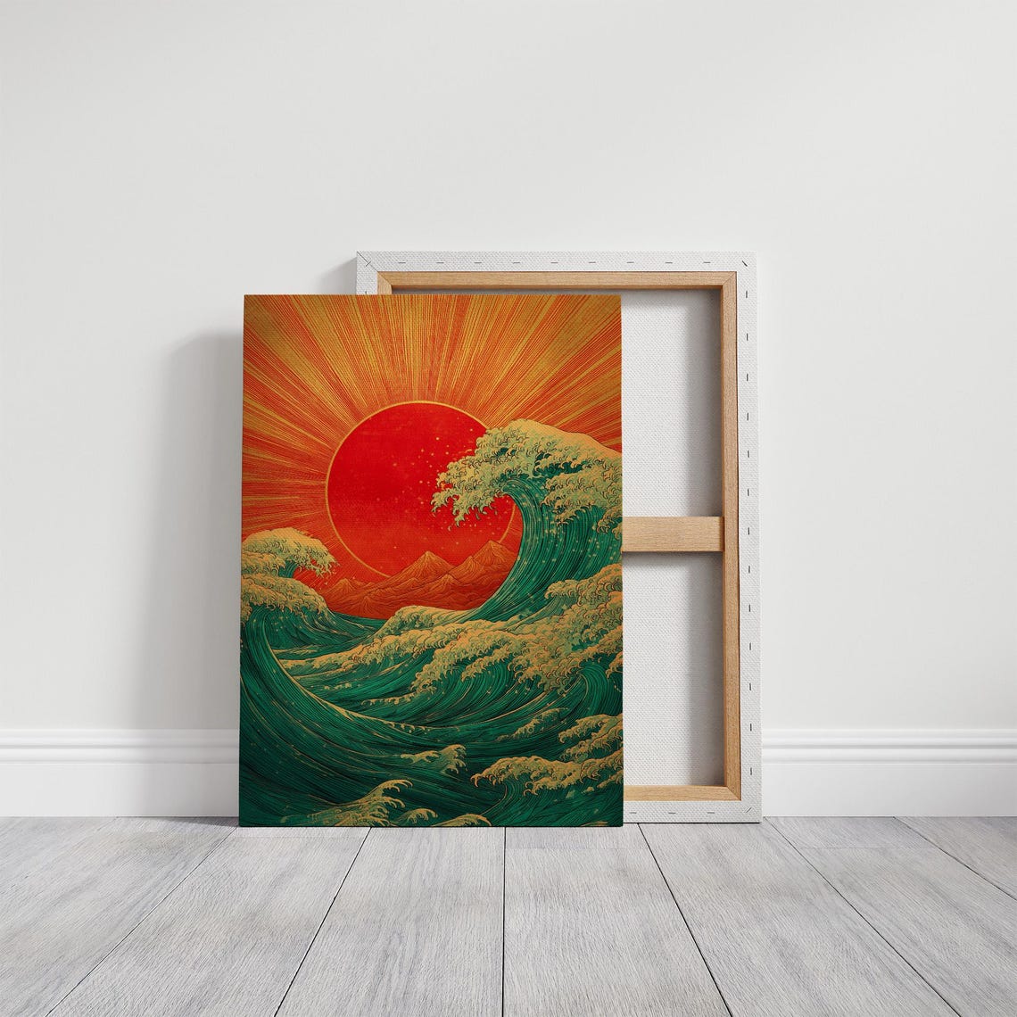 Great Ocean Wave Under a Rising Red Sun Japanese Style Art Poster