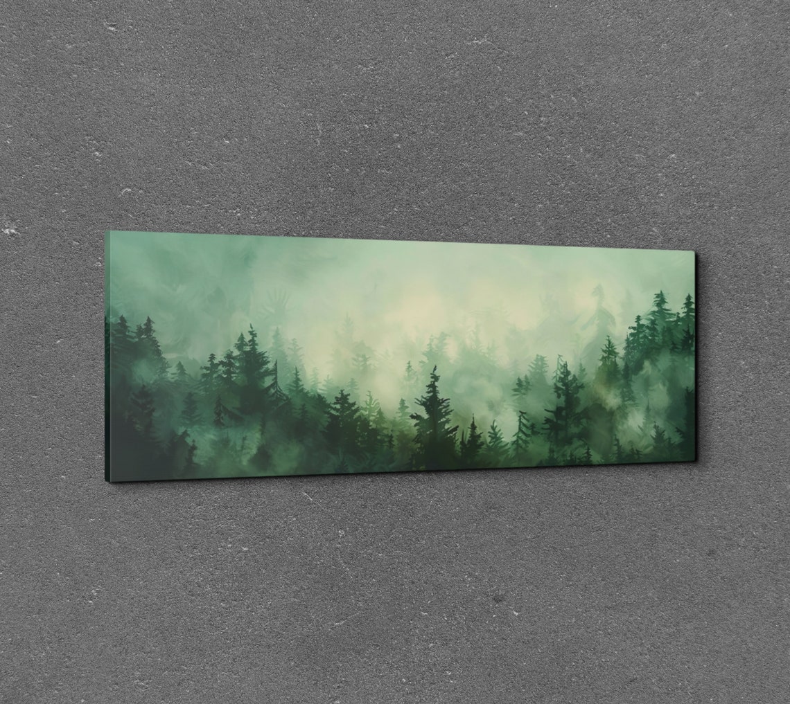 Misty Pine Forest Foggy Mountain Watercolor Panoramic Poster - Image 3