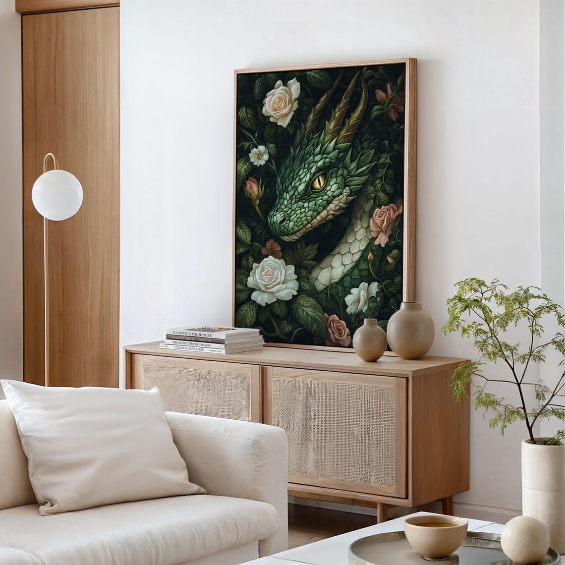 Emerald Dragon Head Roses Golden Eye Dark Botanical Fantasy Wall Art - Image 2