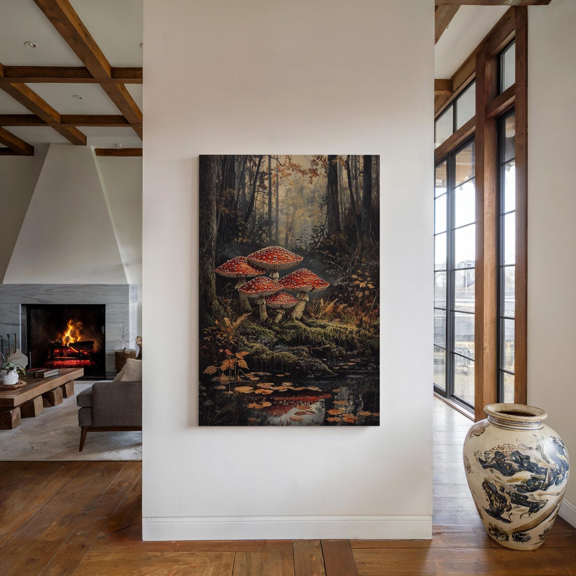 Red Fly Agaric Mushrooms by a Still Forest Pond Reflections Poster - Image 4