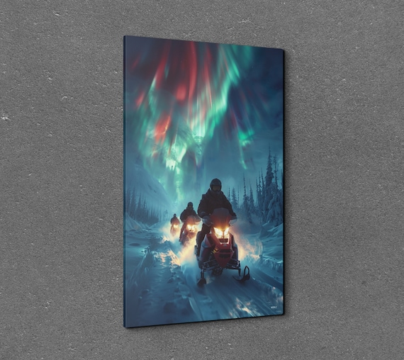 Snowmobile Group Night Ride Aurora Borealis Snowy Forest Poster