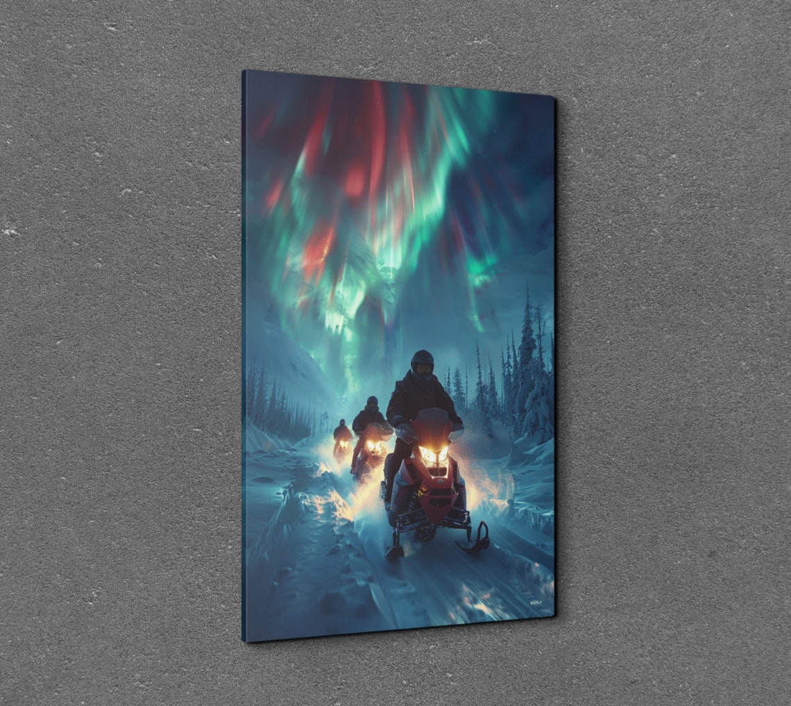 Snowmobile Group Night Ride Aurora Borealis Snowy Forest Poster