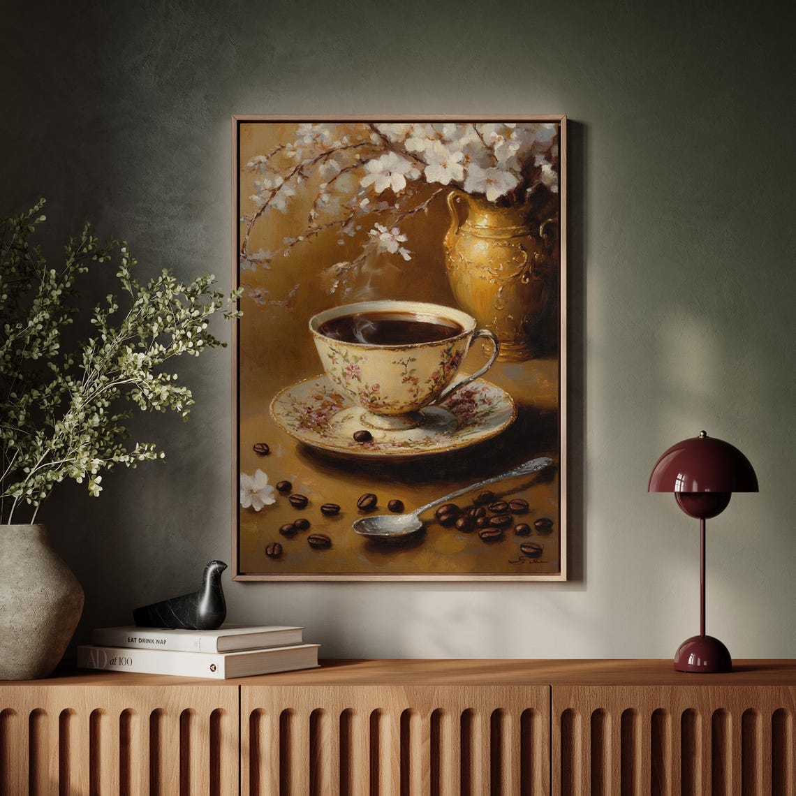 Vintage Floral Teacup Coffee Beans Golden Vase Still Life Poster - Image 5
