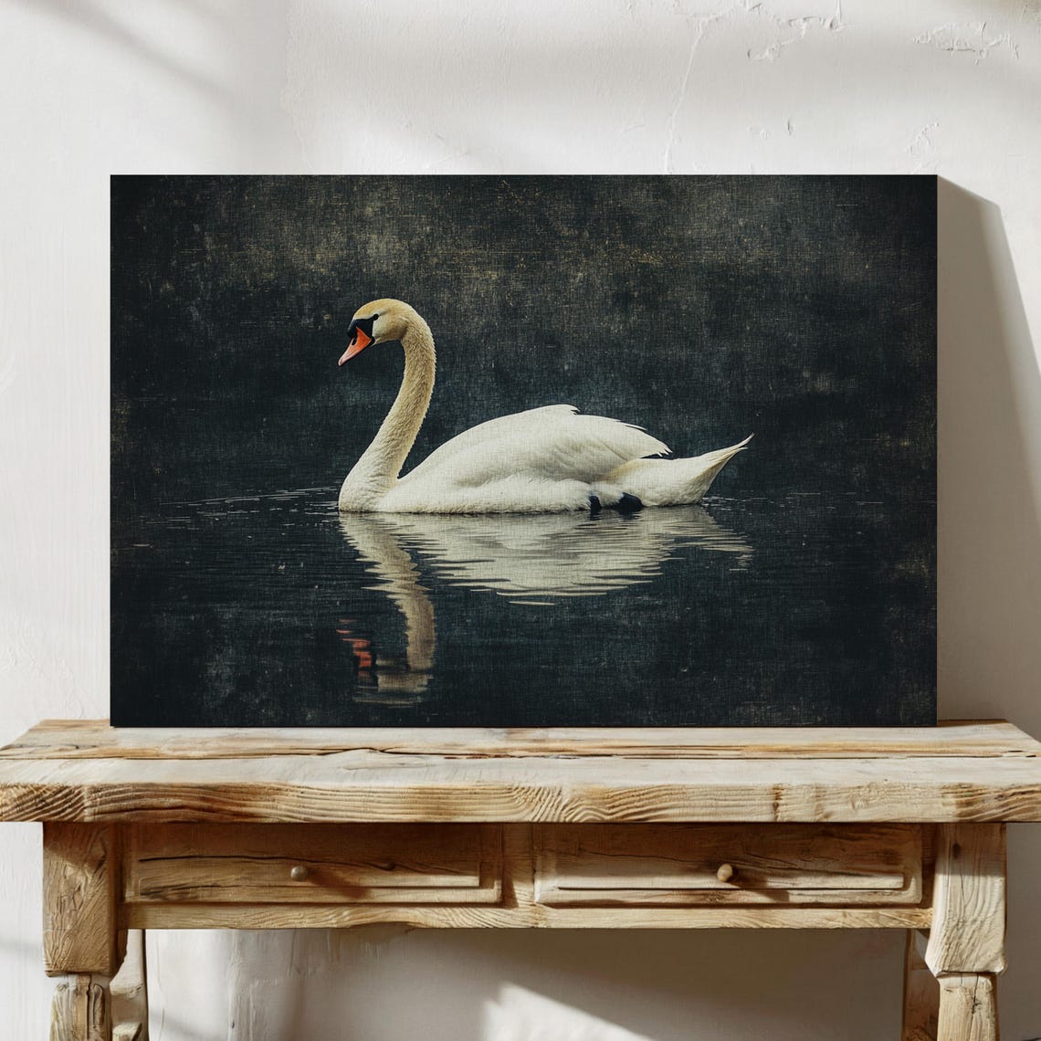 White Swan Gliding Across Dark Moody Lake Vintage Wildlife Poster