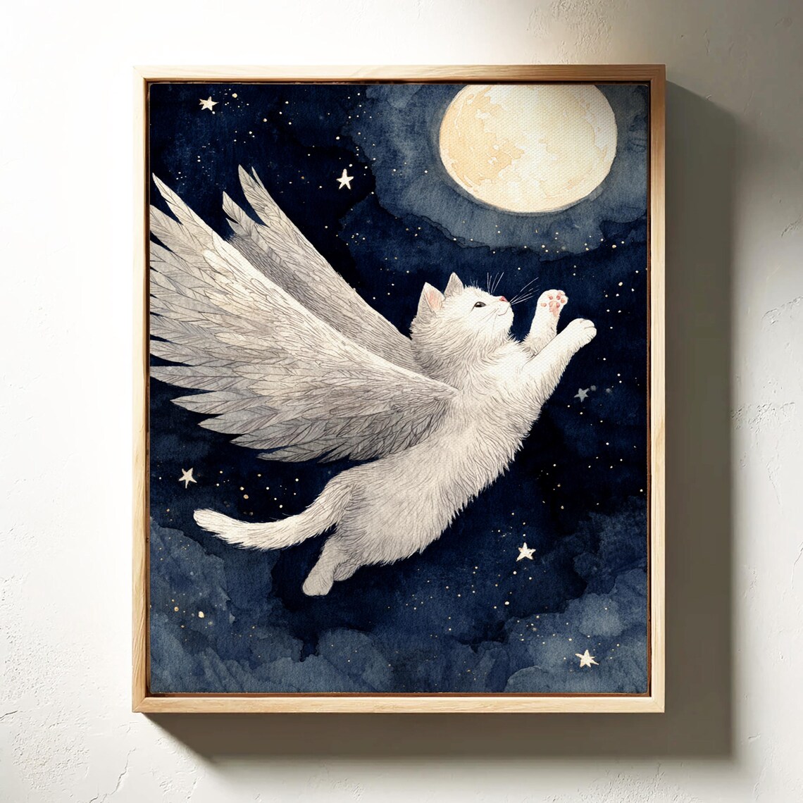 Angel Cat Flying Beneath Full Moon Art Print