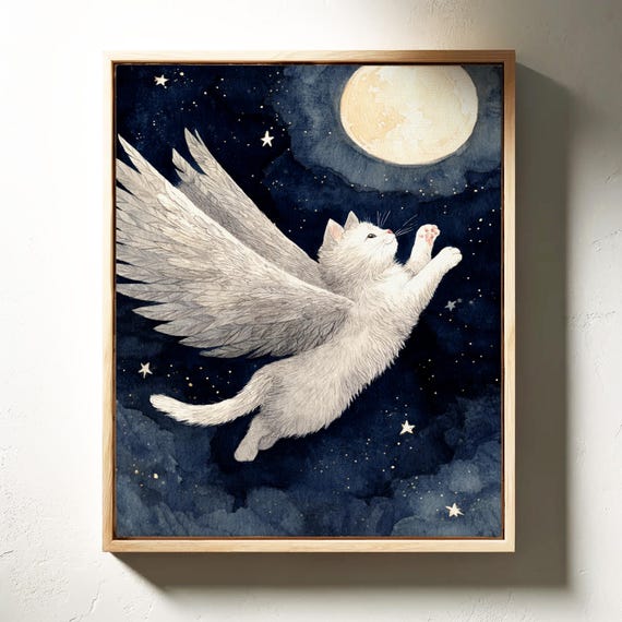 Angel Cat Flying Beneath Full Moon Art Print