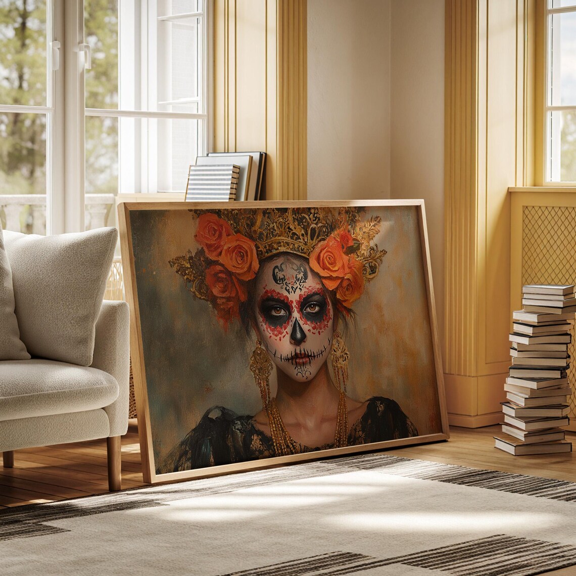 Dia De Los Muertos Woman Red Rose Crown Sugar Skull Art Poster - Image 6