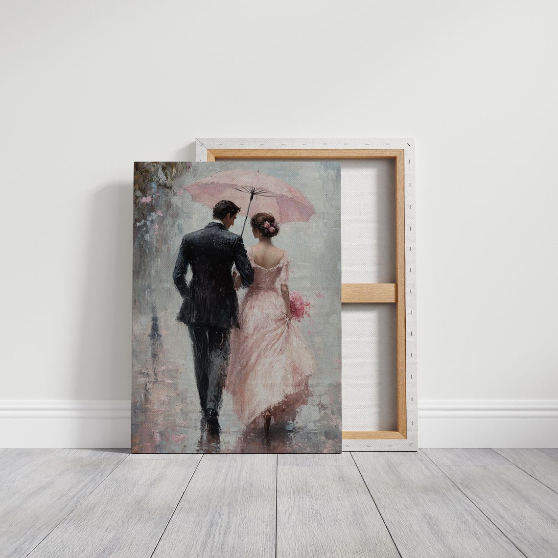 Romantic Stroll In Rain Couple Under Pink Umbrella Elegant Love Poster - Image 7