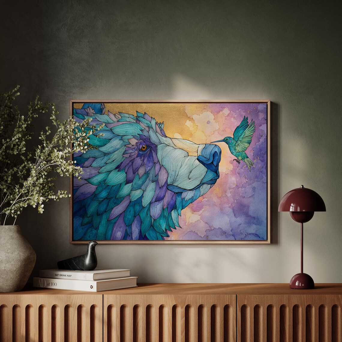 Watercolor Bear Nose To Nose With Hummingbird Wildlife Poster