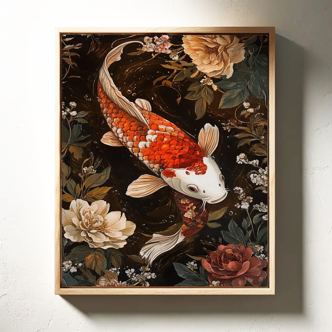 Elegant Koi Fish Red White Peonies Dark Floral Painting Poster - Image 3