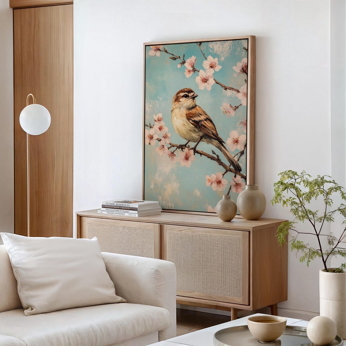 Sparrow Perched on Cherry Blossom Branch Pastel Teal Bird Art Print - Image 6