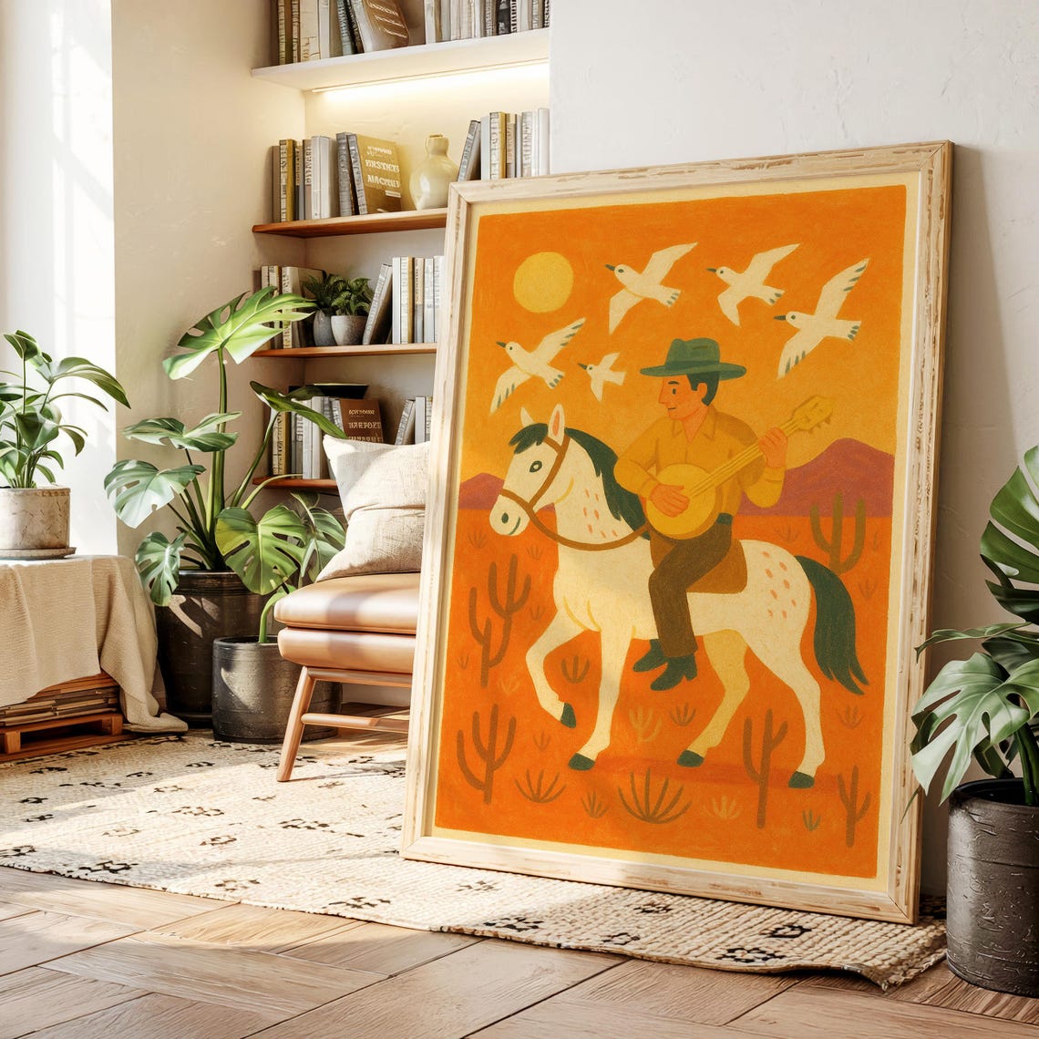Cowboy Riding White Horse Playing Banjo In Orange Desert Sunset Poster