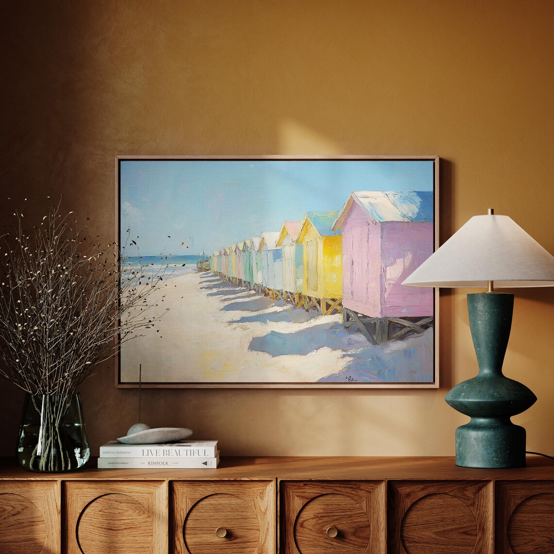 Pastel Beach Huts Shoreline Colorful Coastal Oil Painting Poster - Image 4