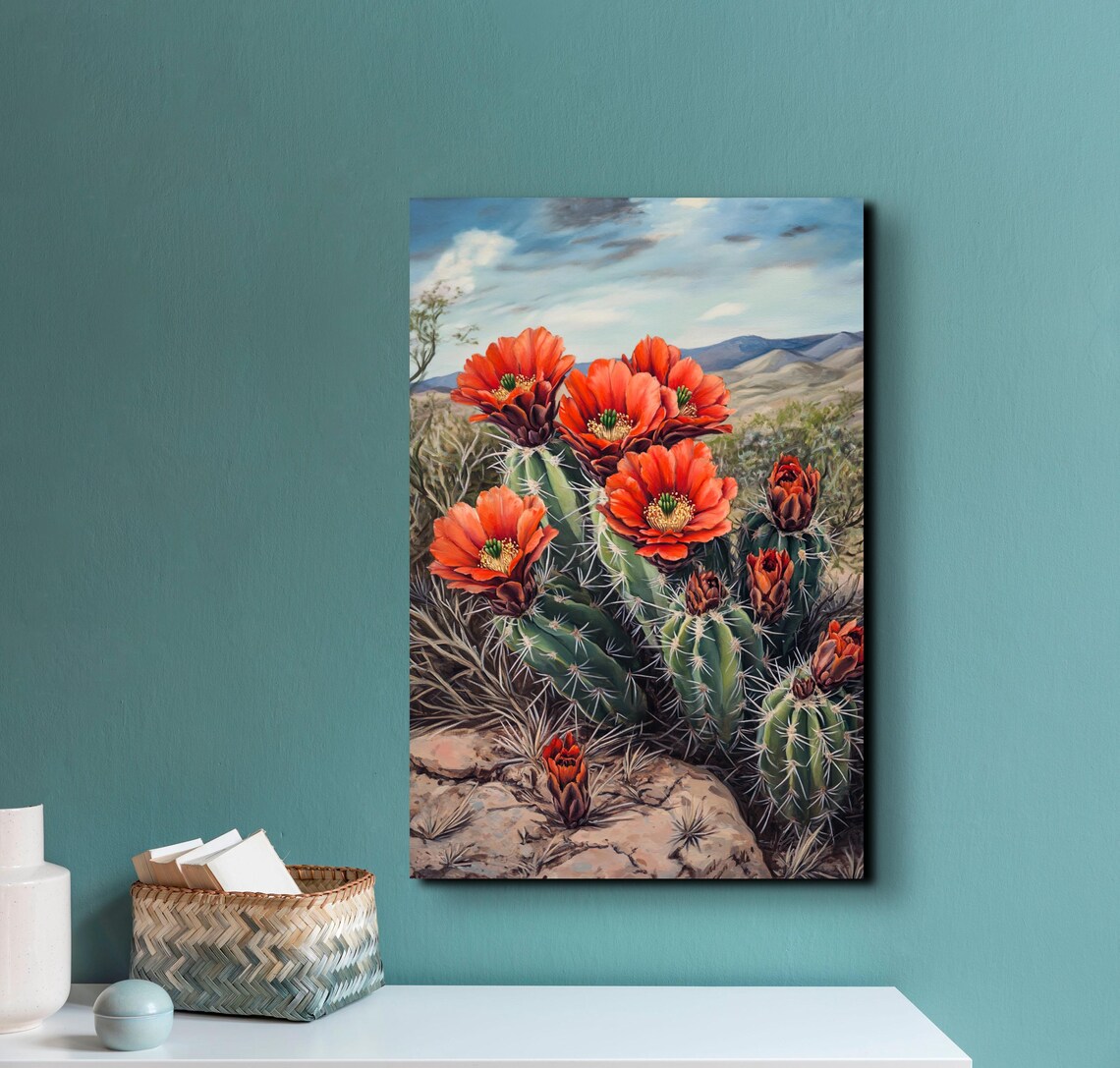 Blooming Hedgehog Cactus Red Orange Flowers Desert Mountain Art Poster