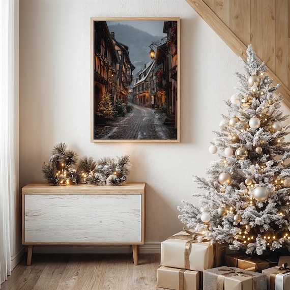 Snowy European Village Street Glowing Lamps Winter Night Poster