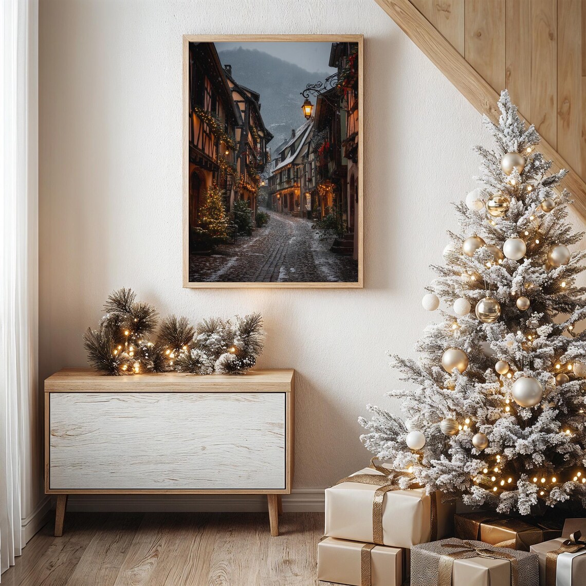Snowy European Village Street Glowing Lamps Winter Night Poster