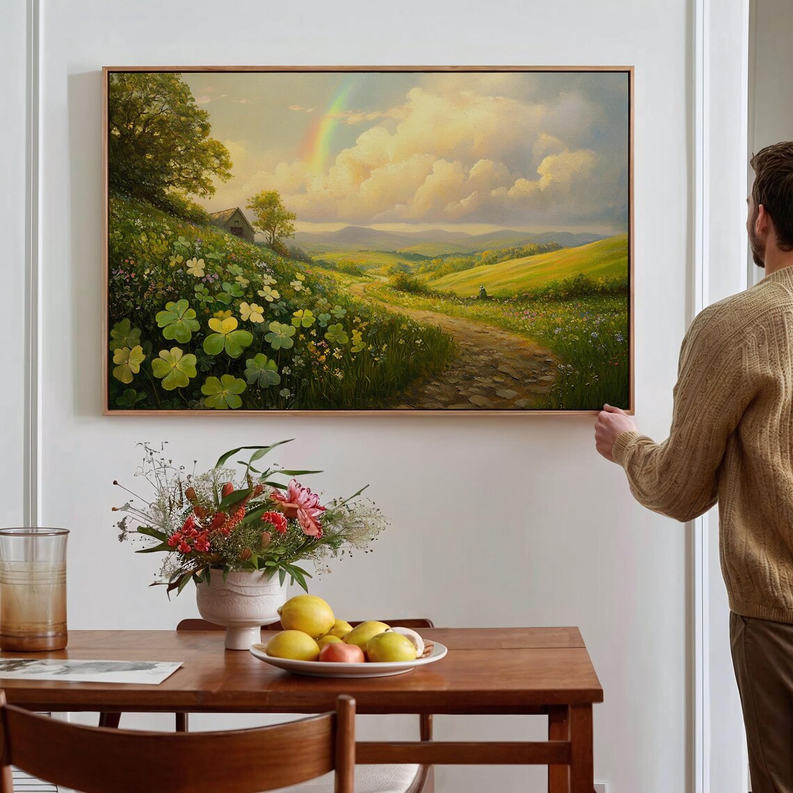 Rainbow Over Countryside Hills Wildflower Meadow Cottage Path Wall Art - Image 5