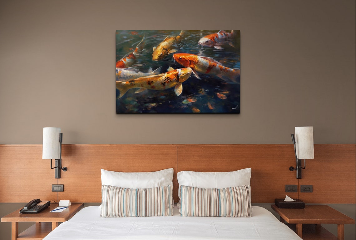 Koi Fish Pond Painting Orange White Colorful Water Garden Poster - Image 5