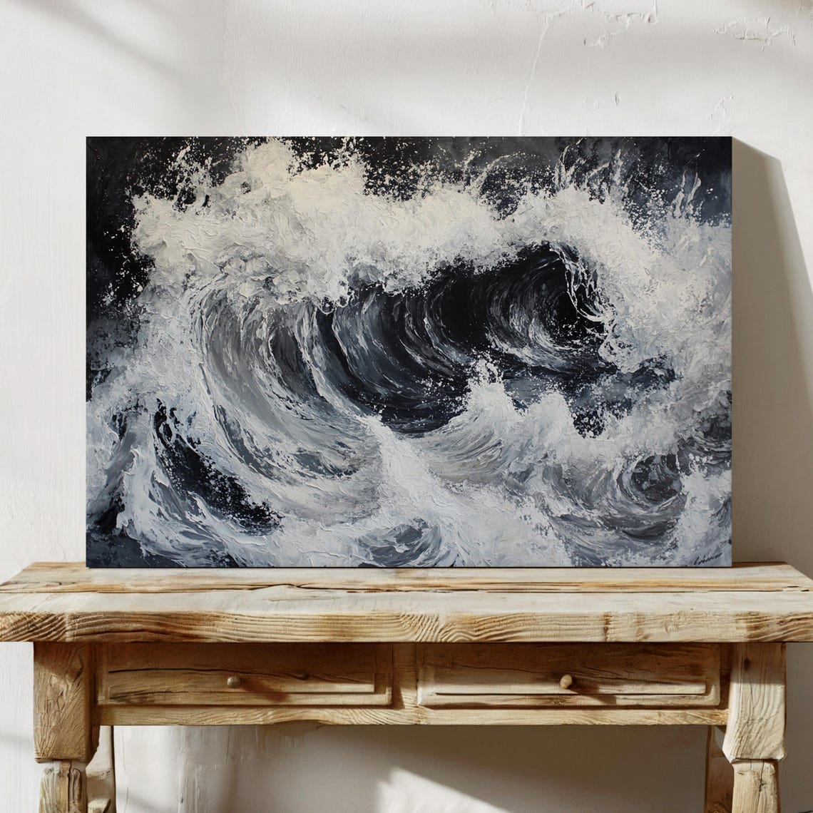 Monochrome Ocean Wave Crashing Dramatic Black White Seascape Poster