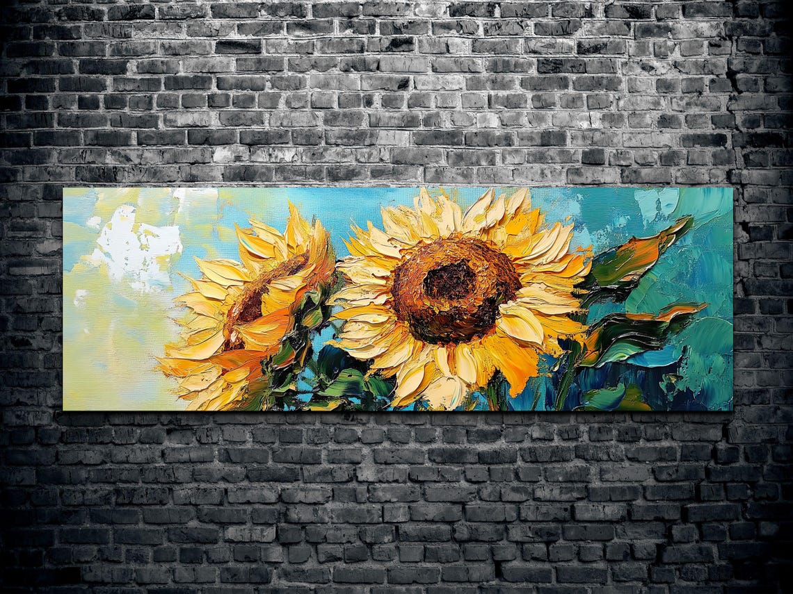Two Large Sunflowers Golden Teal Impasto Panoramic Art Poster - Image 2