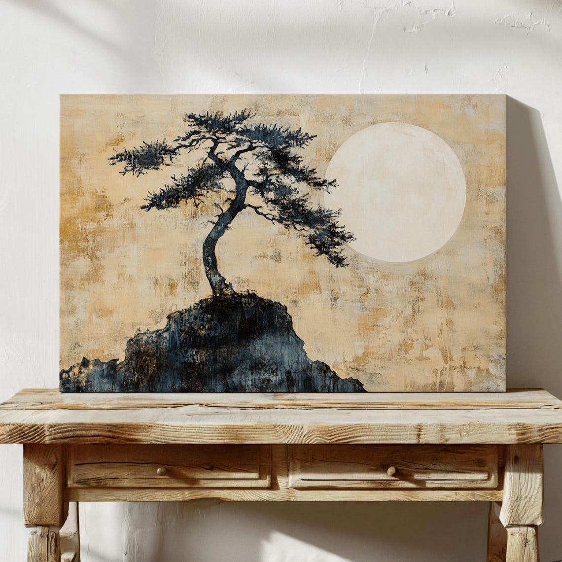 Japanese Bonsai Tree Minimalist Full Moon Landscape Zen Nature Wall Art For Tranquil Home Decor - Image 4