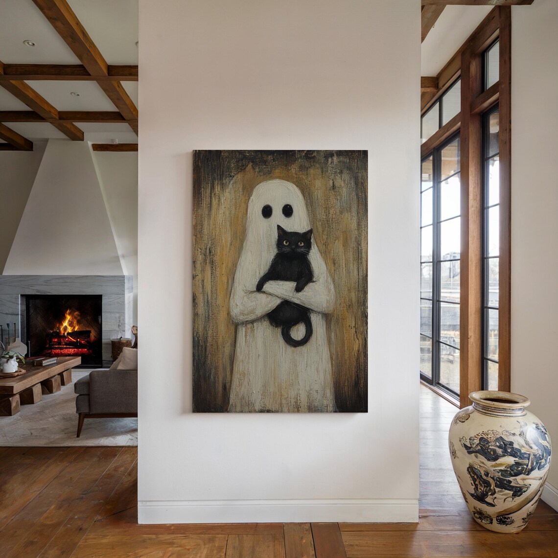 Ghost And Black Cat Rustic Halloween Art Print - Image 5