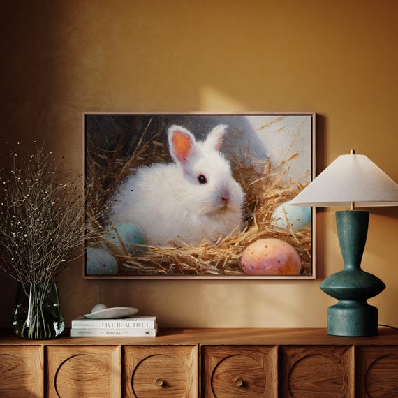Easter Bunny Canvas Wall Art White Rabbit Nestled In Straw With Colorful Eggs Charming Spring Animal Painting For Holiday Home Dcor