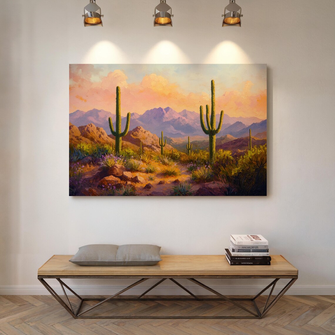 Desert Sunset Saguaro Cactus Mountain Vintage Oil Painting Poster - Image 5
